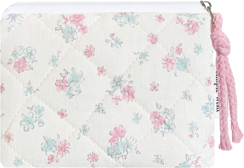Modacarry Store Cotton Quilted Floral Coin Purse Digital Camera Pouch with Cute Prints Zipper for Women Girls (BLUE PINK) - Image 1